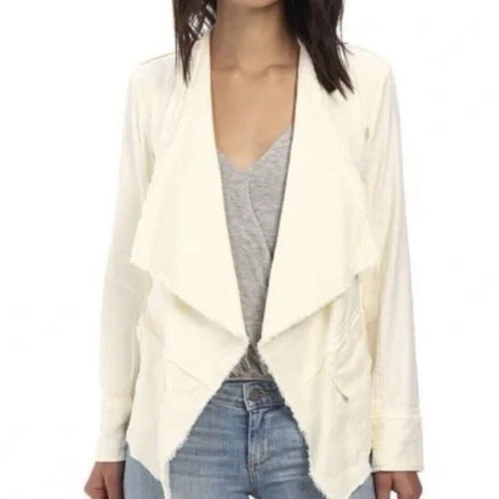 Free People Femme Ivory Linen Blend Waterfall Jacket Size M Buckle Side‎ Raw Hem